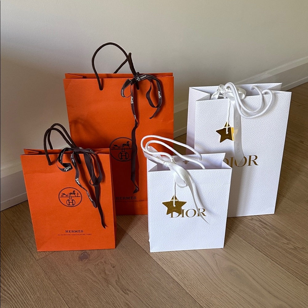 Designer Shopping Bag Set - 2 Hermes with ribbon and 2 Dior with ribbon & charms